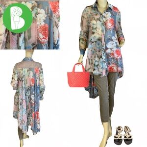 FERATELLI GRAY & CORAL FLORAL PRINT CHIFFON  AND LACE HIGH LOW BLOUSE (S)